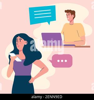 young couple using smartphone and laptop technology Stock Vector