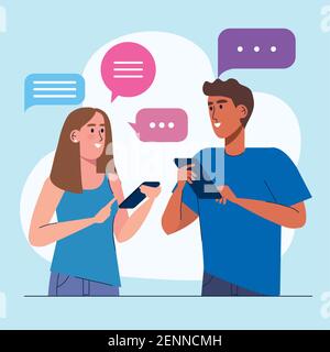 interracial couple using smartphones technology Stock Vector