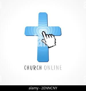 Cross, tap finger and heart radio waves logo. Religious creative christian logotype. Pixel symbol. Isolated abstract graphic web design template. Phon Stock Vector