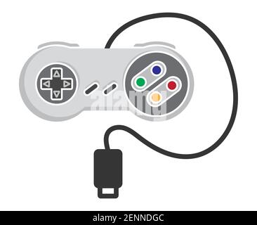Retro video game controller or classical joystick with usb cable flat color icon for apps or website Stock Vector
