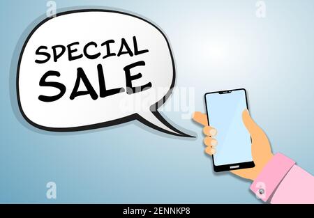 hand holding smartphone with SPECIAL SALE announcement message vector illustration Stock Vector