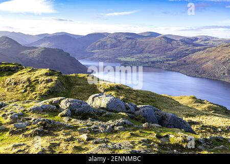 Looking towards the western end of Ullswater in the English Lake District from Hallin Fell, Martindale, Cumbria UK Stock Photo