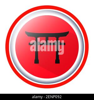 Shinto shrine gate or torii flat icon isolated on a round japanese flag for apps or websites Stock Vector