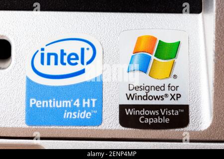 Intel Pentium HT Inside, Designed for Windows XP and Windows Vista capable computer desktop pc front manufacturer stickers, brand lables macro, closeu Stock Photo