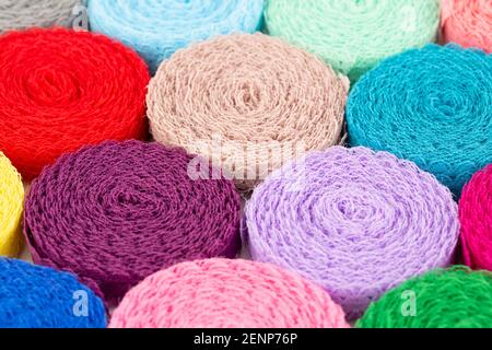 Colorful lace tapes horizontal close up picture. Stock Photo