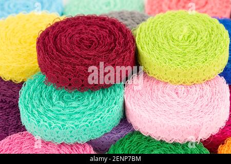 Colorful lace tapes horizontal close up picture. Stock Photo