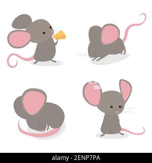 Set little cute mice in different poses, isolated white background.The year of the mouse. Funny mouses vector cartoon illustration. Collection animal Stock Vector