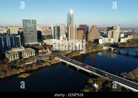 Aerial view of downtown Austin, Texas at sunset Stock Photo