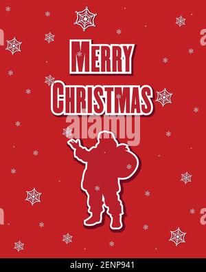 Merry Christmas greeting card with Santa Claus, snowflakes and lettering on a snowy red background. Vector illustration. Happy holidays. Stock Vector