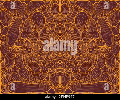 Abstract pattern, ethnic style. Fantasy ornamental wavy background, orange color line, isolated on dark brown background. Stock Vector