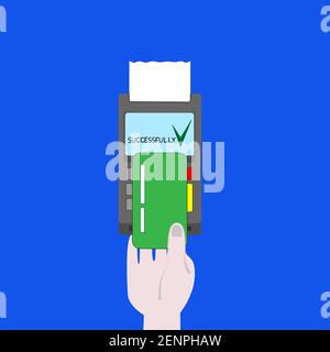 A person conducts a contactless payment for a purchase. A modern method of payment through a bank terminal. Stock Vector