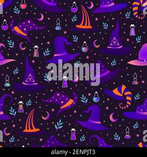 Magic witch hats, each with a unique pattern, magic potion bottles, stars and the moon, festive seamless pattern, bright gradient color.Vector holiday Stock Vector