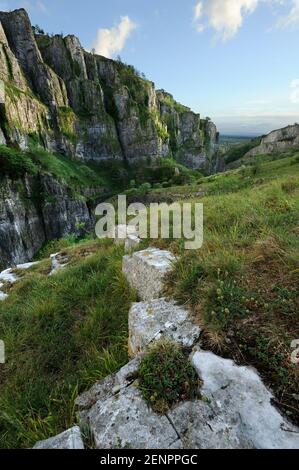 A rocky ridge looking down Cheddar Gorge, Somerset, UK. Stock Photo