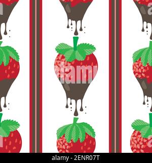 Chocolate dipped strawberry striped seamless vector pattern background. Painterly red berries dripping with melting molten ganache. Fruit Stock Vector