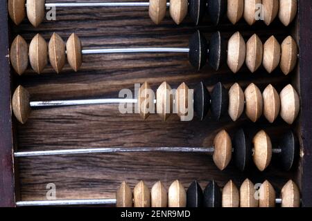 Vintage wooden abacus macro on the wooden background Stock Photo
