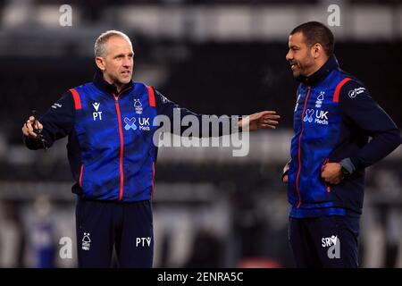 Nottingham Forest assistant manager Paul Trollope (left) and first team coach Steven Reid during the Sky Bet Championship match at Pride Park Stadium, Derby. Picture date: Friday February 26, 2021. Stock Photo