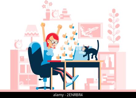Woman at the laptop with lots of likes in social networks. Stock Vector