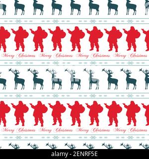 Christmas seamless pattern with Santa, snowflakes and deers. Vector illustration. Greetings card. Happy holidays. Winter background. Stock Vector