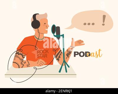 A man in a red T-shirt and with tattoos makes audio content. Rocker blogger streaming podcast. Studio audio recording. Vector flat isolated illustrati Stock Vector