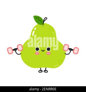 Cute funny green pear make gym with dumbbells. Vector flat line cartoon kawaii character illustration icon. Isolated on white background. Pear fruit workout character concept Stock Vector