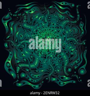 Cyberpunk style decorative fantasy pattern, gradient green colors on black background. Vector hand drawn graphic artwork. Fantastic cyber texture. Stock Vector