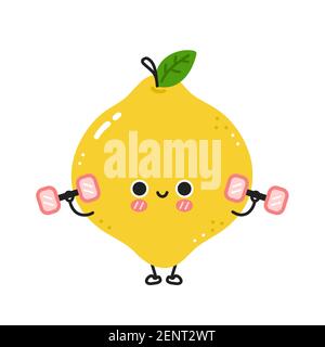 Cute funny lemon make gym with dumbbells. Vector flat line cartoon kawaii  character illustration icon. Isolated on white background. Lemon workout  character concept Stock Vector Image & Art - Alamy