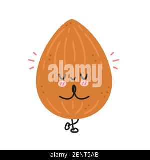 Cute funny almond meditate in yoga pose. Vector flat line cartoon kawaii character illustration icon. Isolated on white background. Almond workout character concept Stock Vector