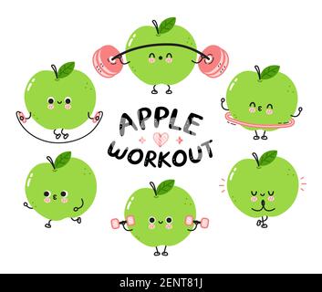 Cute funny apple make gym set collection. Vector flat line cartoon kawaii character illustration icon. Isolated on white background. Apple fruit workout character bundle concept Stock Vector