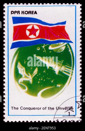 Stamp print in Korea,1980,fantasy,The Conqueror of the Universe Stock Photo