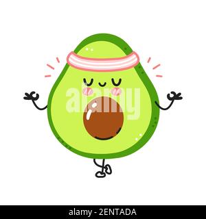 Cute funny avocado meditate in yoga pose. Vector flat line cartoon kawaii character illustration icon. Isolated on white background. Avocado workout character concept Stock Vector