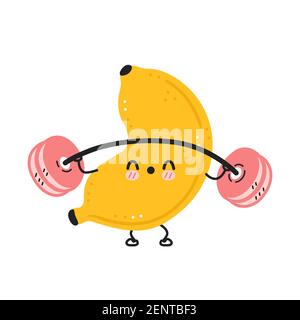 Cute funny banana make gym with barbell. Vector flat cartoon kawaii character illustration icon. Isolated on white background. Banana fruit workout character concept Stock Vector