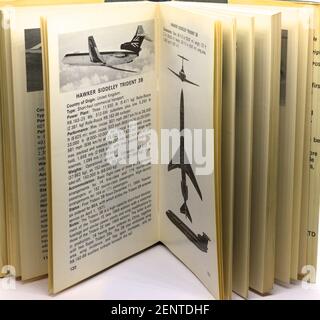 The Observers book of Aircraft from 1973 standing open at the pages showing the Hawker Siddeley Trident 3B in BEA livery in black and white Stock Photo