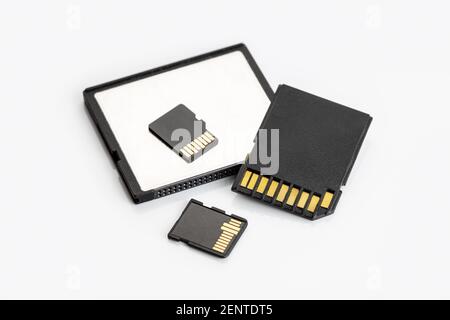 Group of memory cards on white table. Photographic equipment Stock Photo