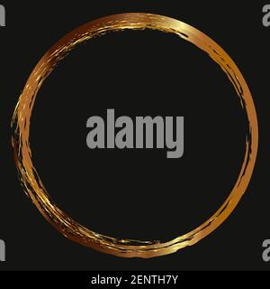 Round gold frame on a black background. Drawn textured borders for graphic design or decoration. Gold border. Stock Photo