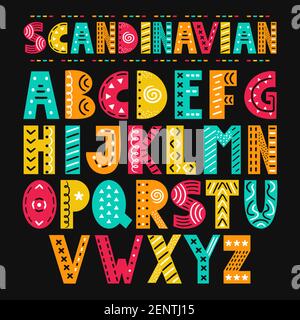 ABC scandinavian style alphabet. Vector simple flat cartoon illustration icon. Hand drawn nursery poster with handdrawn letters in scandinavian style. Stock Vector