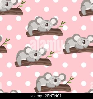 Seamless pattern with cute koala baby and flowers on color polka dots background. Funny australian animals. Card, postcards for kids. Flat vector Stock Vector