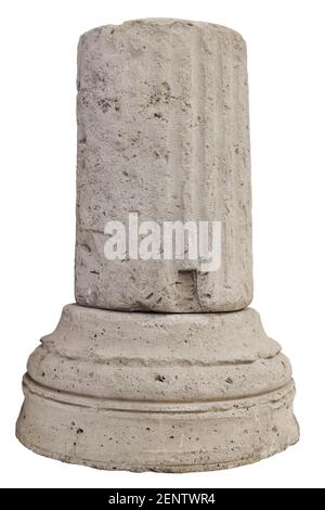 weathered fragment of the base of a classical ancient greek stone column isolated on white background Stock Photo
