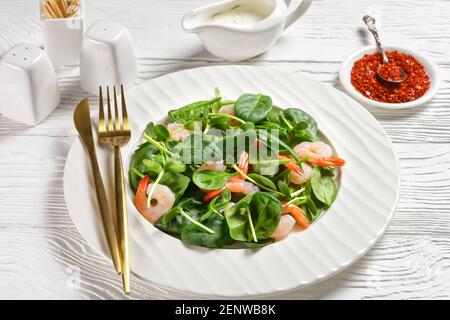 Salad of microgreens with avocado shrimps, baby spinach leaves, fresh sunflower sprouts, yogurt and tahini dressing with chili flakes served on a whit Stock Photo