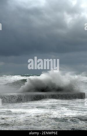 Wave break on stone wall in a stormy winter day Stock Photo