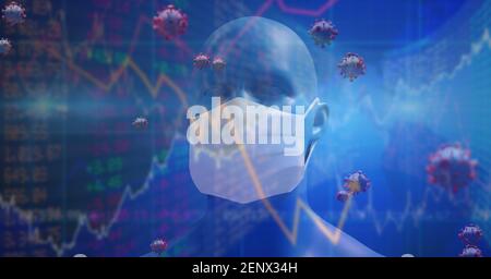Covid-19 cells and stock market data processing against 3D human head model wearing face mask Stock Photo