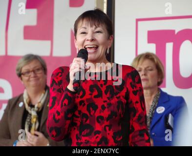 British politician Caroline Lucas speaking at the third People's Vote March, Parliament Square, London on 19 October 2019. Behind her are Joanna Cherry and Anna Soubry. Stock Photo