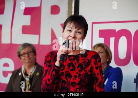 British politician Caroline Lucas speaking at the third People's Vote March, Parliament Square, London on 19 October 2019. Behind her are Joanna Cherry and Anna Soubry. Stock Photo