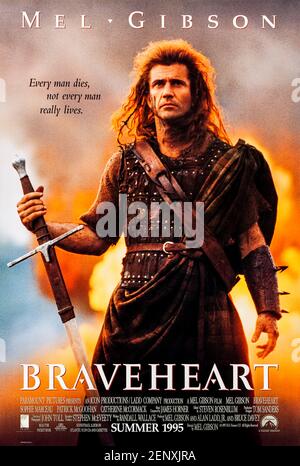 Braveheart (1995) directed by Mel Gibson and starring Mel Gibson, Sophie Marceau and Patrick McGoohan. Based on the life of William Wallace, a Scottish warrior who leads his countrymen in a rebellion to free his homeland from the tyranny of King Edward I of England. Stock Photo