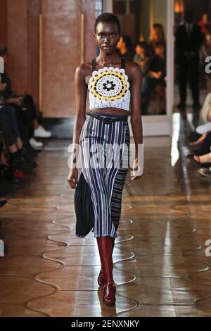 Model walking on the runway during the Yves Saint Laurent Ready to Wear  Spring/Summer 2020 show part of Paris Fashion Week on September 24, 2019 in  Paris, France. (Photo by Jonas Gustavsson/Sipa