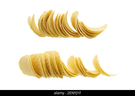 Collage of potato chips isolated on white background Stock Photo