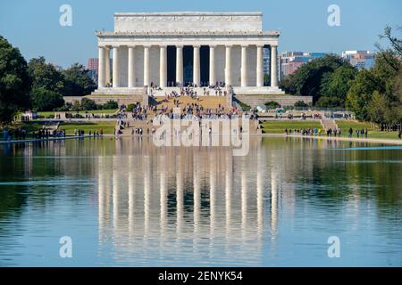 Exterior facade of the Lincoln Memorial building reflected in the Lincoln Memorial Reflecting Pool, Washington D.C., USA. Stock Photo