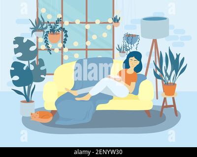 Sweet girl reading a book and resting with a cat. Feminine Daily life and everyday routine scene by young woman in home interior with homeplants. Stock Vector