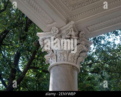 Corinthian capital decorated with acanthus leaves and scrolls. details of the portico of a neo-classical villa in Italy Stock Photo