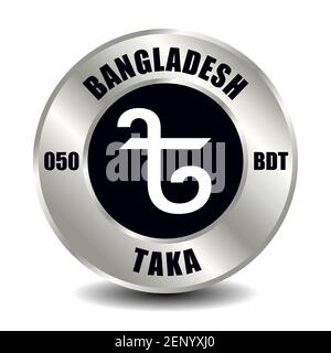Bangladesh money icon isolated on round silver coin. Vector sign of currency symbol with international ISO code and abbreviation Stock Vector