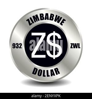 Zimbabwe money icon isolated on round silver coin. Vector sign of currency symbol with international ISO code and abbreviation Stock Vector